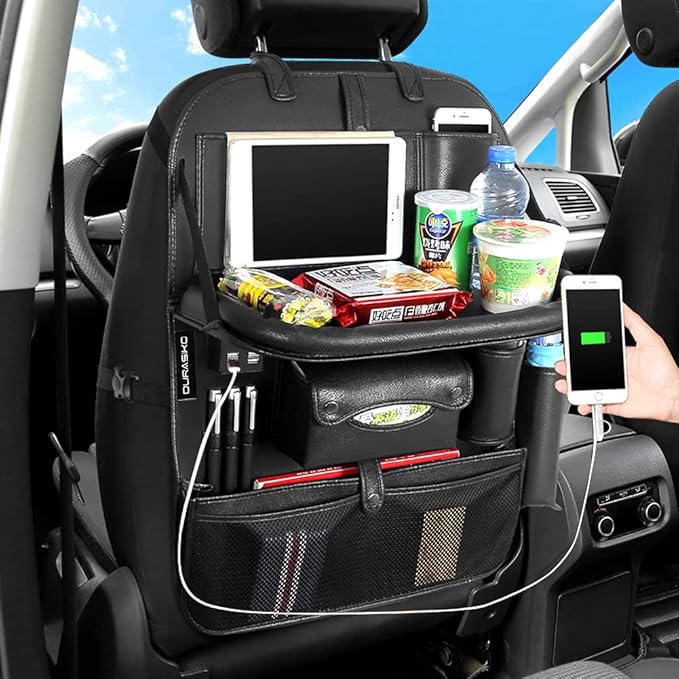 Car Backseat Organizer with Foldable Table Tray,Car Storage Organizer with Tablet Holder,Car Seat Back Protectors Kick Mats,Premium PU Leather Material,Compatible with Most Vehicles