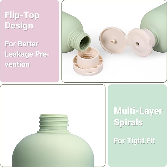 ASEVAT 10oz 4Pcs Green Plastic Refillable Travel Shampoo and Conditioner Bottles Plastic Refillable Travel Shampoo Bottles with Flip Cap Shampoo and Conditioner Dispenser