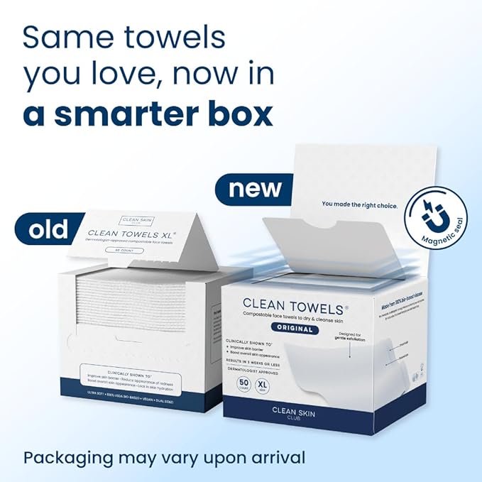 Clean Skin Club Clean Towels XL®, 100% USDA Biobased Face Towel, Disposable Face Towelette, Eczema Association Accepted, Makeup Remover Dry Wipes, Ultra Soft, 50 ct per pack, 6 Packs, 300 Ct Total