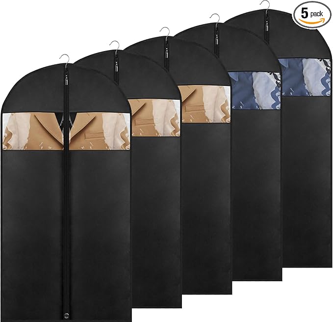 43" Suit Bags for Closet Storage and Travel, Garment Bags for Hanging Clothes, Suit Garment Bag for Men, Black Suit Cover Bags with Clear Window for Coats, Jackets, Shirts（5 Packs）