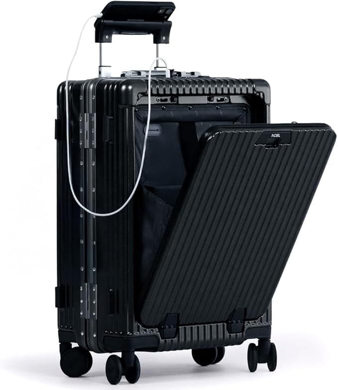 Nobl Travel Carry On Luggage, Noble Zipperless Aluminum Frame, 22.5x15x9.5, 360 Degree Spinner Wheels, TSA Locks, USB Charging Port, Cup & Phone Holder - Black