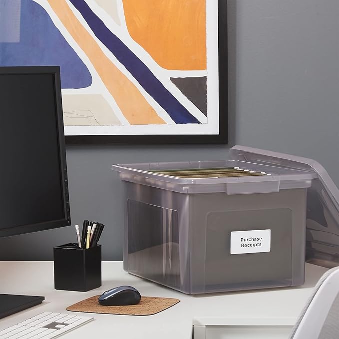STAPLES Hanging File Folder Box, Storage Bin Organizer, Snap Lid, Letter & Legal Size Documents, Frost Gray