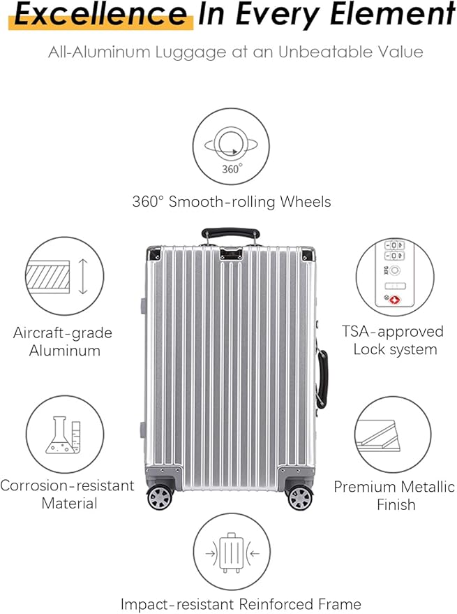 HotWay 20 Inch All Aluminum Carry On Luggage with Leather Handle, Hard Shell Zipperless Suitcase with TSA Locks and Spinner Wheels, Travel Luggage (22x14x9 Airline Approved), Gold