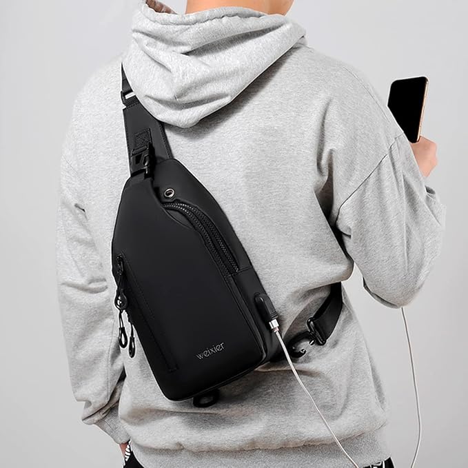 Waterproof Sling Bags Mens Shoulder Crossbody Backpack with USB Charging Port& Headphone,Outdoor Lightweight Bag