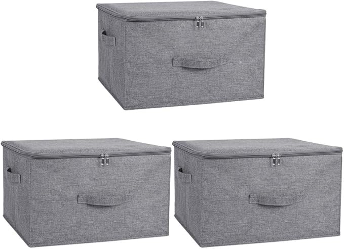 ANMINY 3PCS Storage Bins with Zipper Lids 36 Qt Lidded Fabric Storage Boxes Baskets Cubes with Handles Collapsible Washable Cotton Linen Closet Shelf Clothes Organizer Containers - Gray, Large