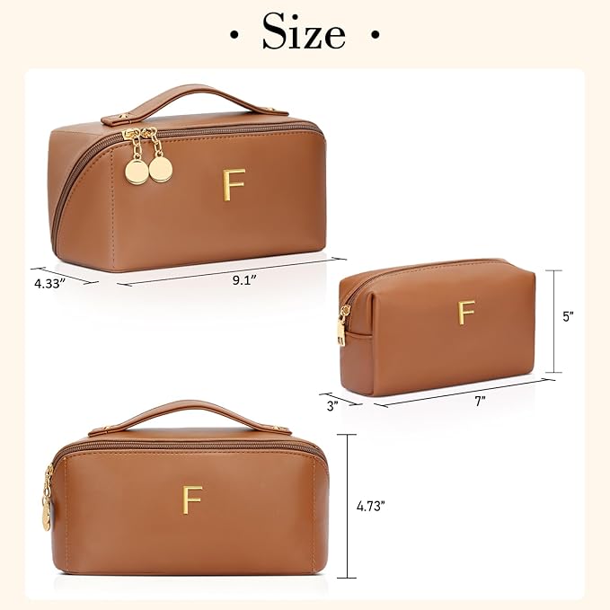 Birthday Gifts for Women Teen Girl, Personalized Initial Makeup Organizer Bag Set, Open Flat Travel Cosmetic Bag With Clear Divider and Handle(Brown,F)