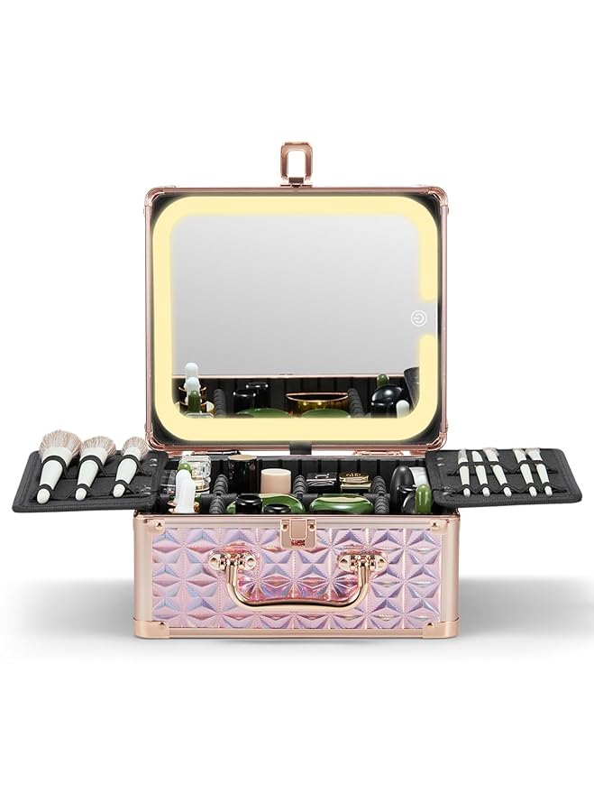 Qislee Makeup Box with A Detachable Lighted Mirror, Waterproof Travel Train Case, Cosmetic Organizer and Makeup Suitcase with Adjustable Dividers, Magnetic LED Mirror(Sparkling Pink)