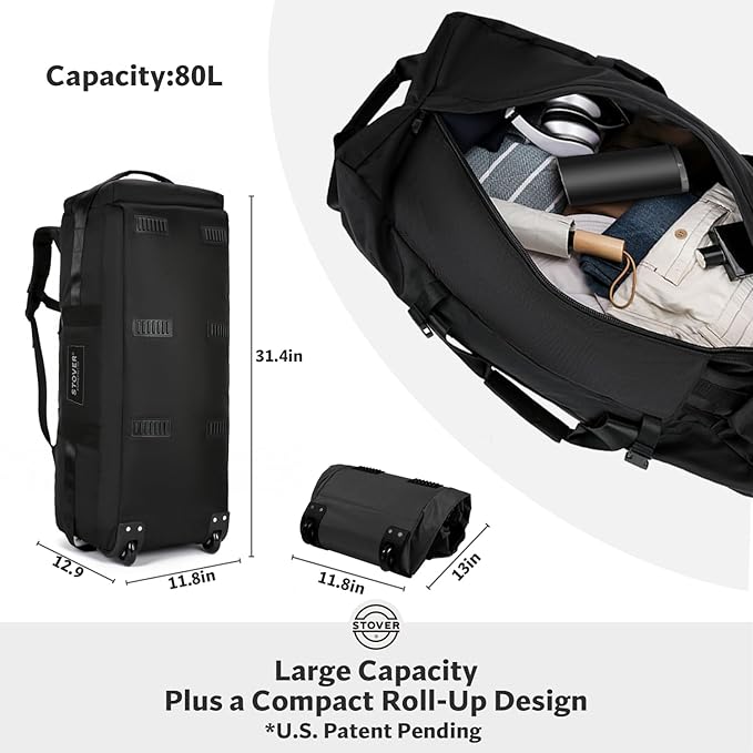 STOVER 80L Rolling Duffel Bag with Wheels, Large 31 Inch Durable Travel Duffle + Toiletry Bag, Heavy Duty, Packable, Foldable w/Shoulder Straps- Use as Luggage or Backpack, Men/Women (Black)
