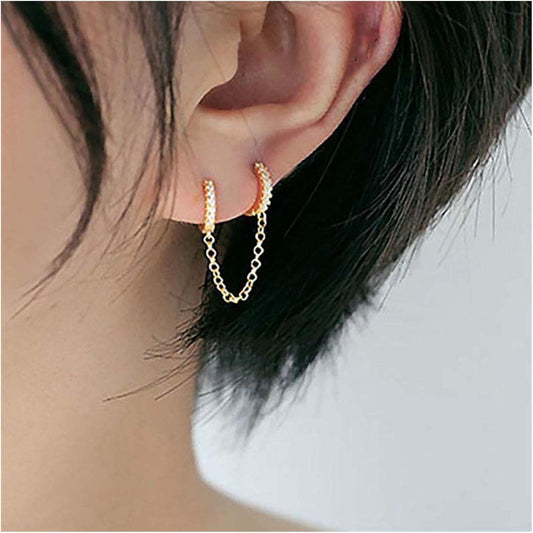 Boho Double Chain Hoop Earrings Gold Cz Hoop Chain Earrings Punk Dangle Chain Earrings Rhinestone Huggies Studs Earrings Jewelry for Women and Girls Gifts