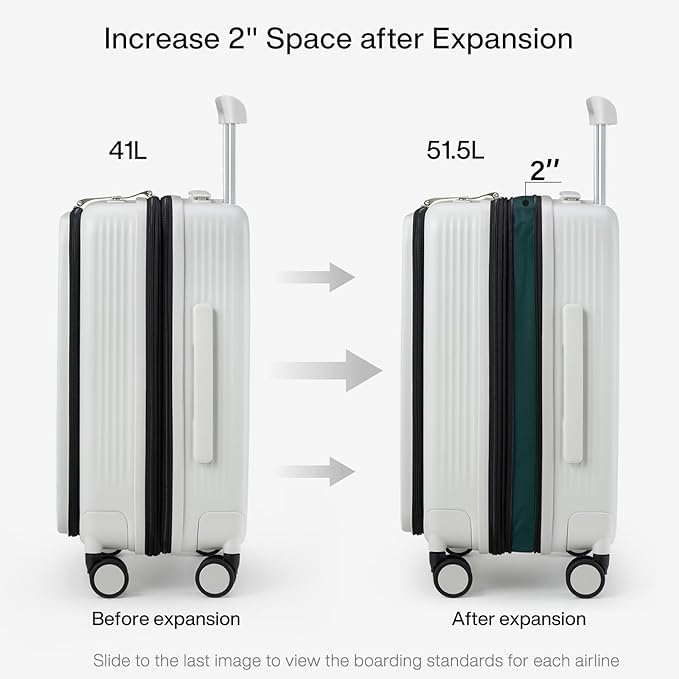 Hanke Grace Expandable Carry On Luggage with Wheels Airline Approved Hard Shell Suitcases with Front Pocket，Top Opening Luggage with TSA Lock for Short Business Travel, Smoke White.