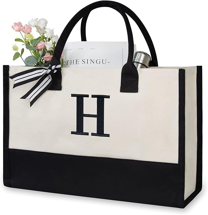 TOPDesign Embroidery Initial Canvas Tote Bag, Personalized Present Bag, Suitable for Wedding, Birthday, Beach, Holiday, is a Great Gift for Women, Mom, Teachers, Friends, Bridesmaids (Letter H)