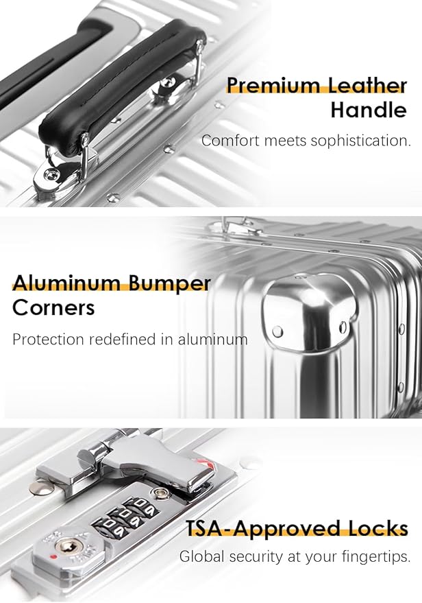 HotWay 28 Inch All Aluminum Checked in Luggage with Leather Handle, Hard Shell Zipperless Suitcase with TSA Locks and Spinner Wheels, Large Luggage for Business Travel, Silver