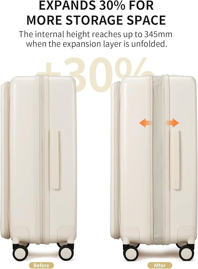 aji Expandable Top Open 24 Inch Checked Luggage with Spinner Wheels, Large Suitcase with TSA Lock, Hardside Travel Luggage Suitcases for Men Women, for 14+Days Travel, Coconut White