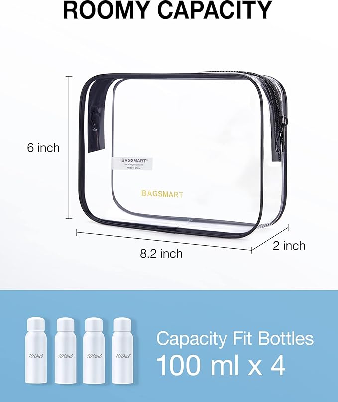BAGSMART Clear Toiletry Bag, 3 Packs TSA Approved Water Resistant Quart Size Travel Organizer, Airport Airline Travel Essential Carry On Makeup Cosmetic Bags for Women, Nude Pink