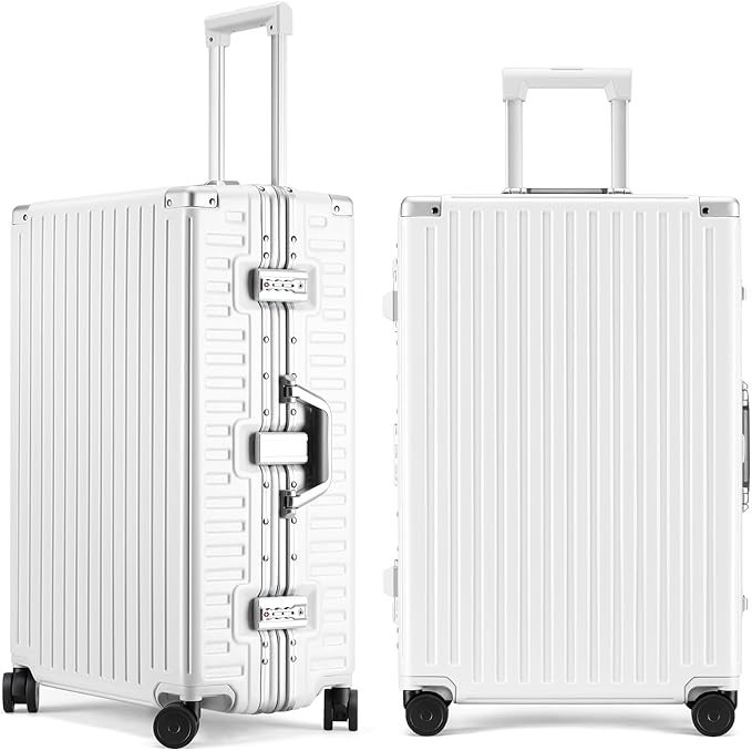 ROAMING Zipperless Luggage 28 Inch with Aluminum Frame, Checked-Large Lightweight 3-Layer PC Hard Shell Suitcase with Spinner Wheels, Metal Travel Luggage with Three TSA Locks, Shell white
