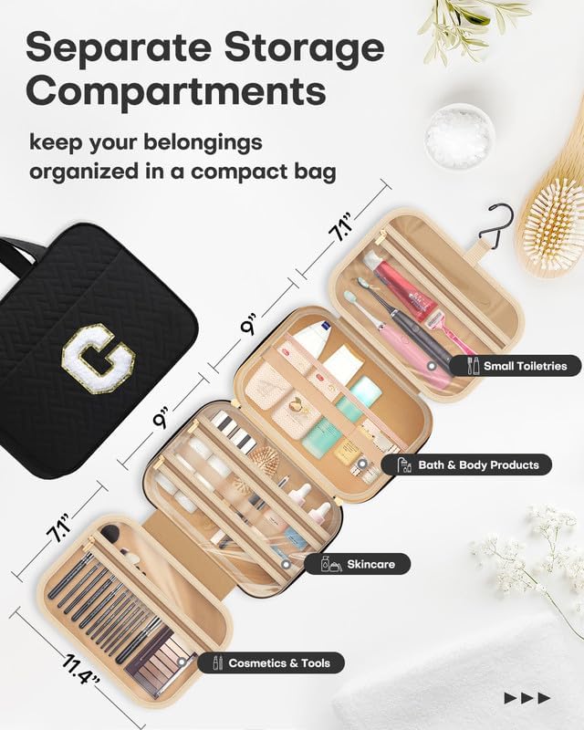 HOTOR Travel Toiletry Bag - Personalized Chenille Initial Makeup Bag, Water-Resistant Personalized Gifts for Women, Portable Travel Accessories & Essentials, Letter C, Black, 11.4"×9.0"×3.35"
