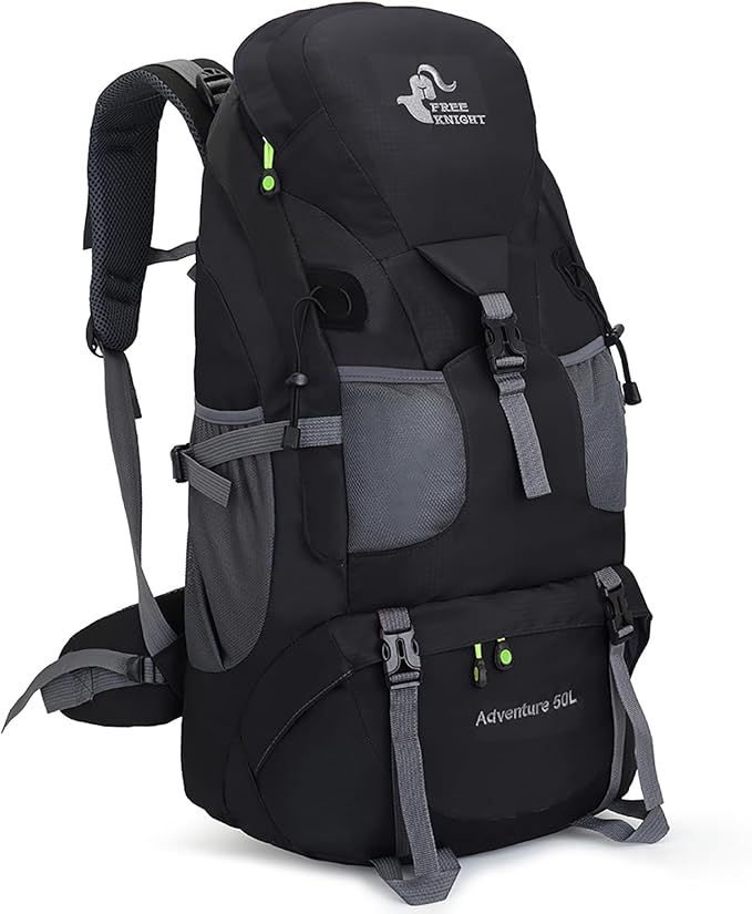 Bseash 50L Hiking Backpack, Water Resistant Lightweight Outdoor Sport Daypack Travel Bag for Camping Climbing Skiing Cycling (Black - No Shoe Compartment)