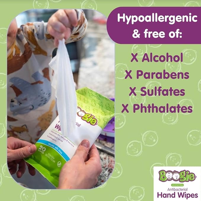 Antibacterial Hand Wipes by Boogie, Alcohol Free, Hypoallergenic and Moisturizing Aloe, Hand Wipes for Kids and Adults, 6 Packs of 20 (120 total wipes)