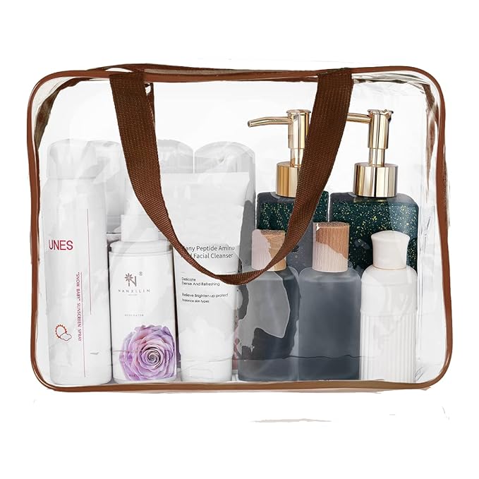 5Pcs Crystal Clear PVC Travel Toiletry Bag Kit for Women Men, Waterproof Vinyl Packing Organizer Storage Bags with Zipper Handle Straps, Cosmetic Pouch Carry on Airport Airline Compliant Bag Handbag