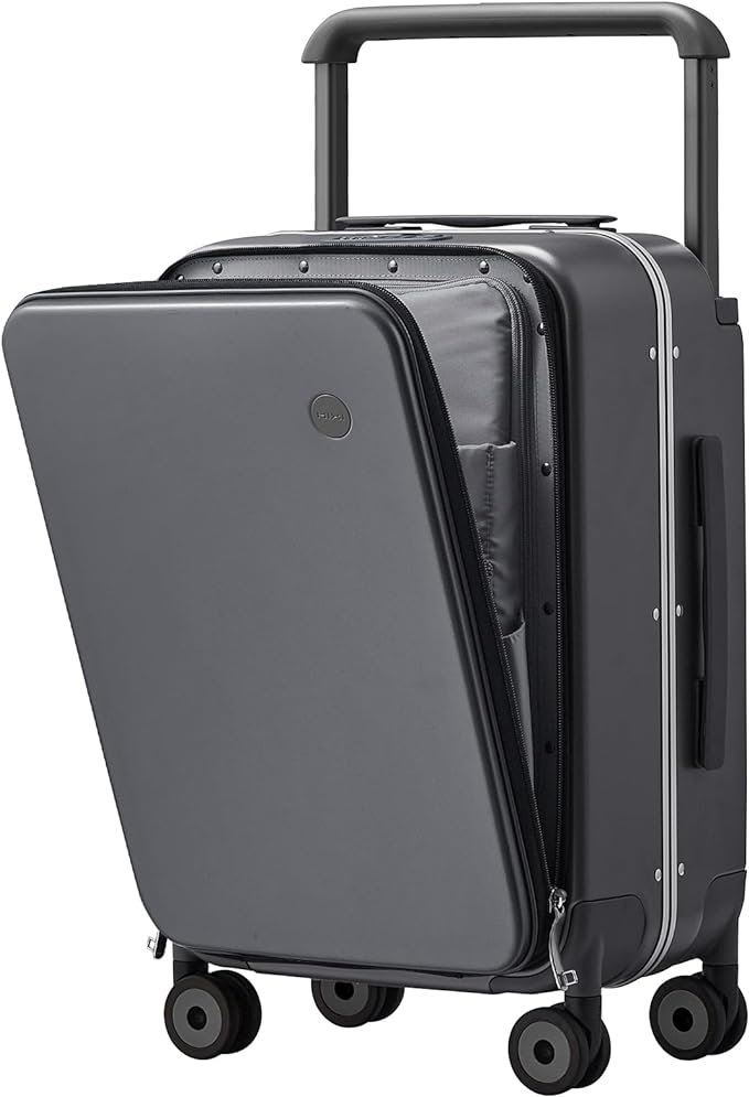 mixi Carry On Luggage Wide Handle Luxury Design Rolling Travel Suitcase PC Hardside with Aluminum Frame Hollow Spinner Wheels, with Cover, 20 inch, Rock Grey