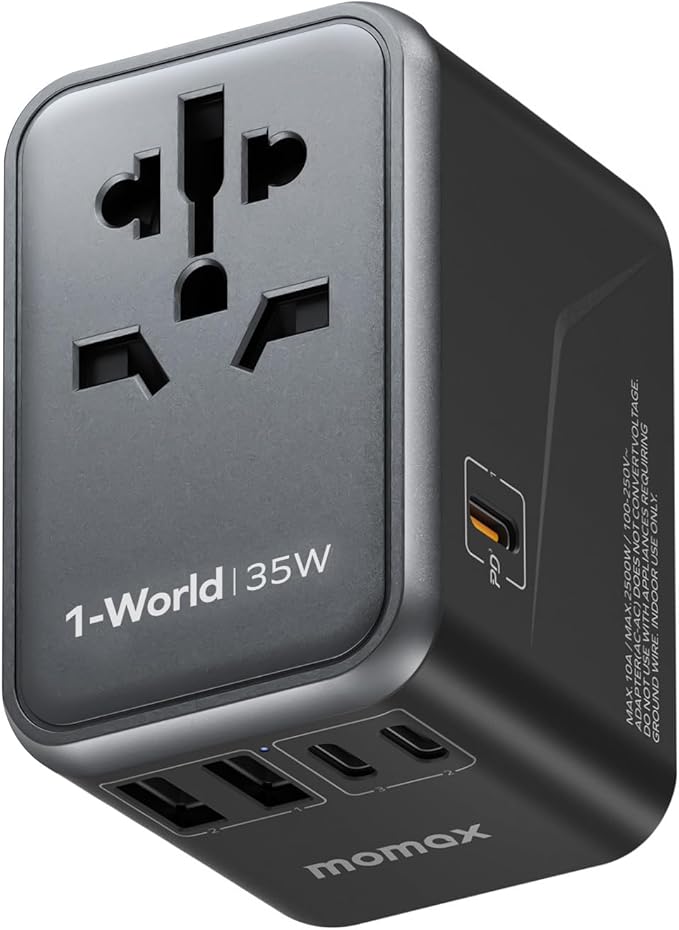 MOMAX Universal Travel Adapter, PD 35W Fast International Power Adapter, 3 USB C & 2 USB A, Worldwide Travel Plug Adapter, International Power Adapter for Europe, USA, Japan, Australia (Type C/A/G/I)