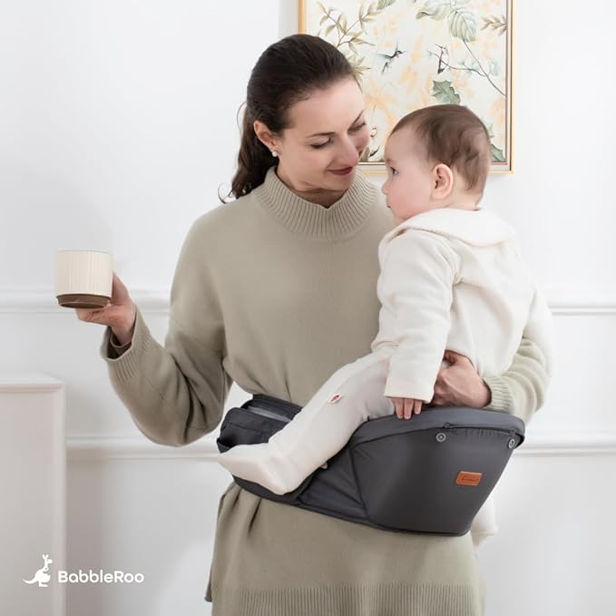 BabbleRoo Grow Carrier – 6-in-1 Baby Carrier with Hip Seat, Ergonomic, Cozy & Adjustable Toddler Carrier 7-50 lbs with Hip & Lumbar Support, Hood for Sun Protection, Newborn to Toddler, Gray