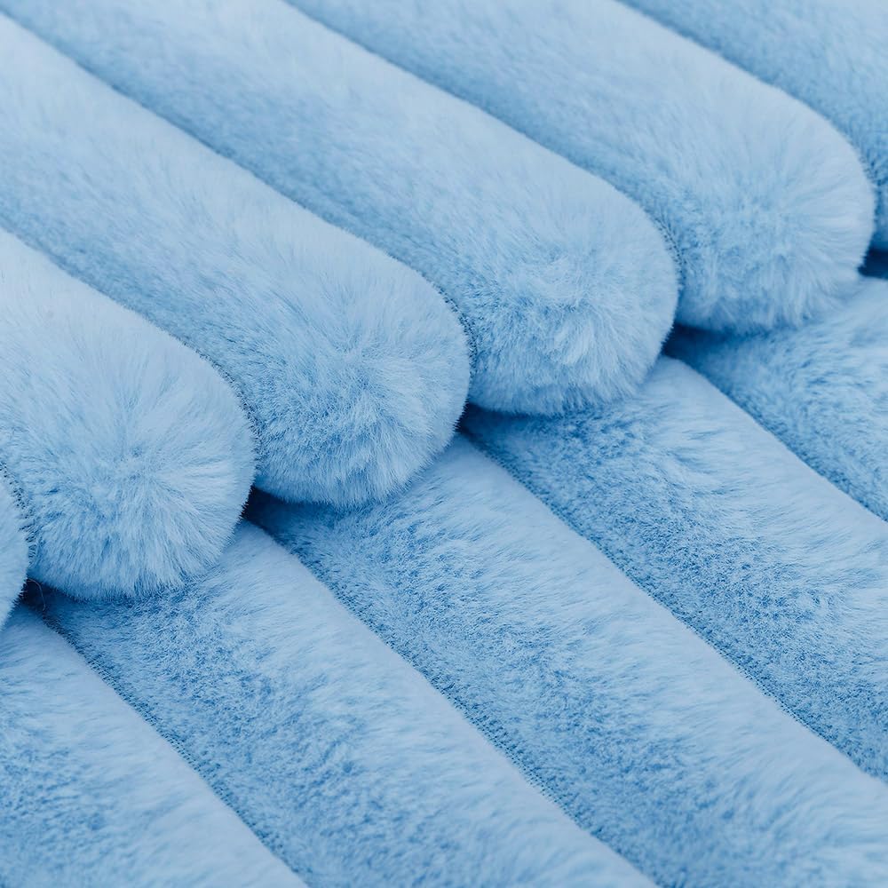 MADIZZ Set of 2 Faux Wool Plush Decorative Throw Pillow Covers 12x20 Inch Light Blue Fluffy Striped Soft Decorative Cushion Cover for Sofa Bedroom Pillow Shell