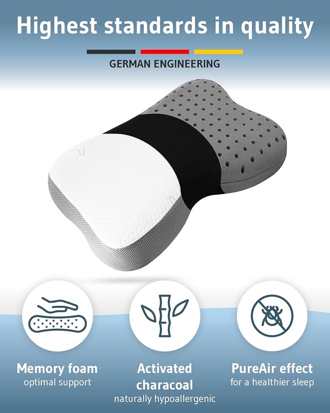 Travel pillow Re-Charge Intense with Activated Charcoal | Orthopedic cervical side sleeper pillow | Ergonomic memory foam against neck pain | Innovative Intense technology for deeper sleep