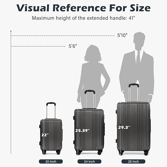 Coolife Luggage Suitcase PC+ABS with TSA Lock Spinner Carry on Hardshell Lightweight 20in 24in 28in(sliver, S(20in_carry on))