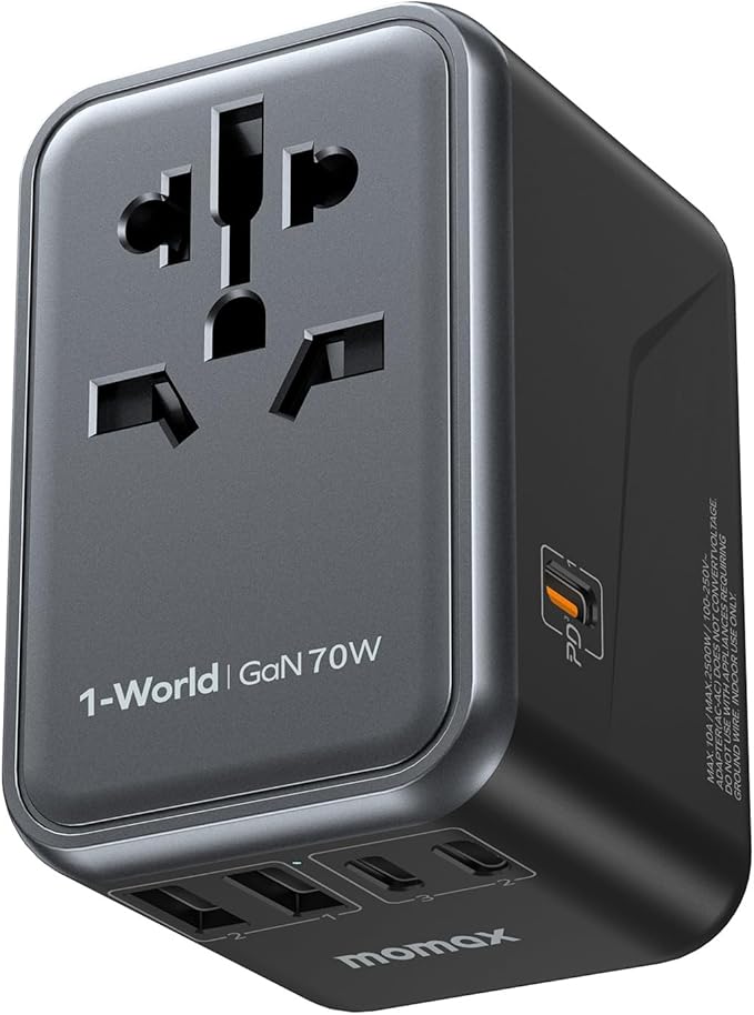 MOMAX Universal Travel Adapter, GaN 70W International Power Adapter, 3 USB-C PD Fast Charging & 2 USB-A QC, 1 AC, All-in-one International Plug Adapter for Travel European UK AUS JP