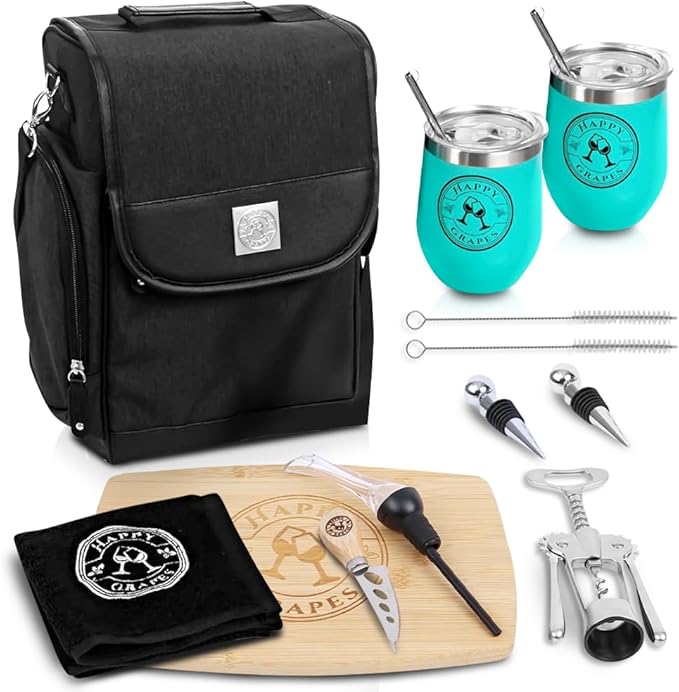 Happy Grapes Wine Tote Bag Set - Insulated Wine Carrier with 2 Stainless Steel Tumblers, Aerator, Charcuterie Board & Knife, Bottle Stoppers, Opener & Wash Cloth - for Picnics Beach Patio Pool Camp t