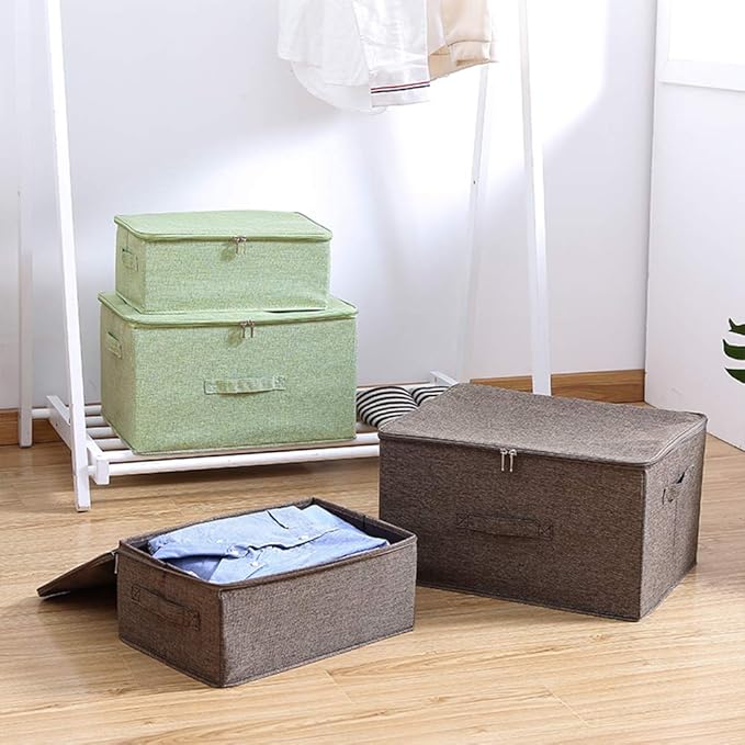 ANMINY Storage Bins with Zipper Lids 36 Qt Lidded Fabric Storage Boxes Baskets Cubes with Handles Collapsible Washable Cotton Linen Closet Shelf Clothes Organizer Containers - Green, Large