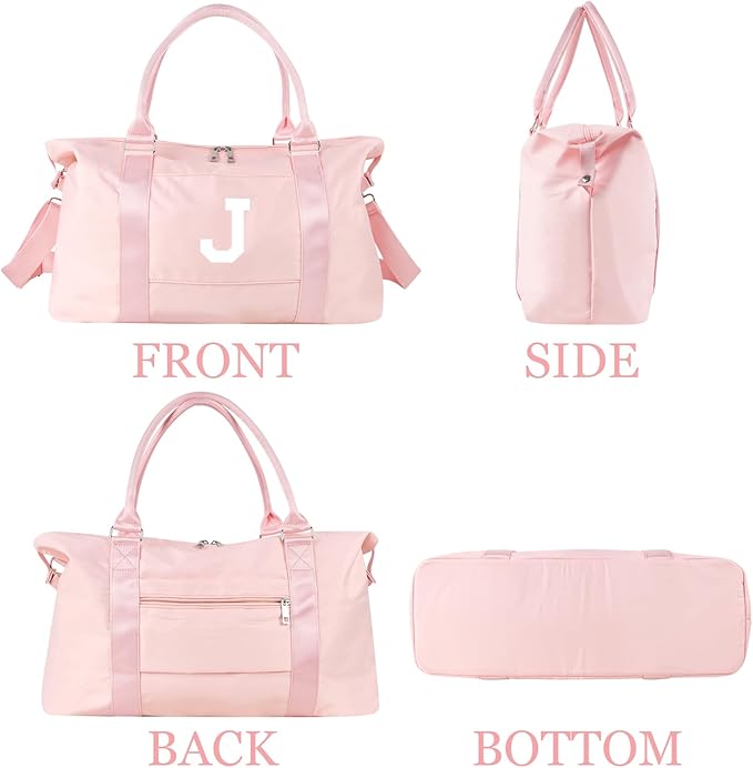 Initial Travel Duffel Bag Sports Gym Bag for Girls Teen Birthday Gifts,Pink Personalized Weekender Bag Carry On Tote Bags for Women Men,Waterproof Overnight Luggage Bag with Trolley Sleeve(Letter J)