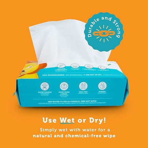 100% Pure Cotton Dry Wipes | 200 Count | Use Wet or Dry | Soft & Sensitive | Hypoallergenic | Extra Strong & Absorbent | Perfect for Diaper Changes, Runny Noses, Drool, Meal Time & Nursing