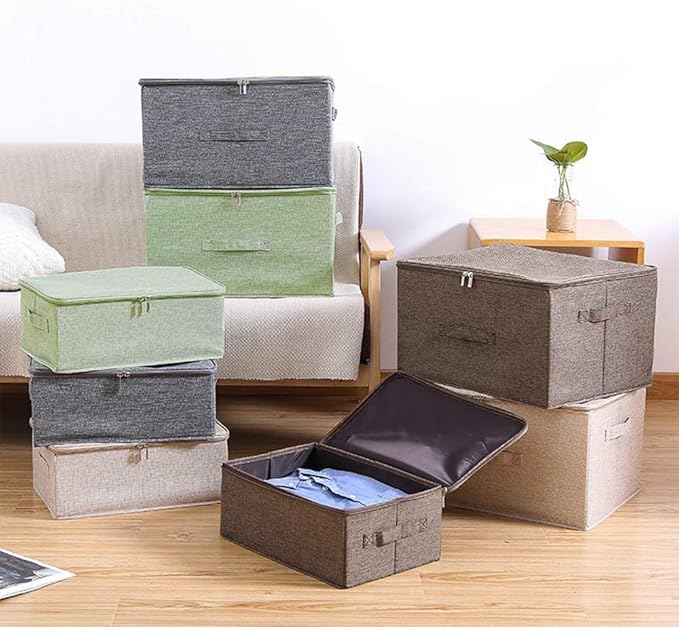 ANMINY Storage Bins with Zipper Lids 13 Qt Lidded Fabric Storage Boxes Baskets Cubes with Handles Collapsible Washable Cotton Linen Closet Shelf Clothes Organizer Containers - Green, Small