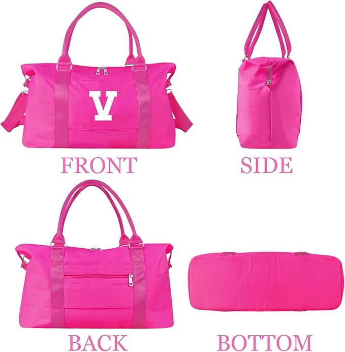 Overnight Bag for Kids Teen Girls Weekender Dance Bag Birthday Graduation Gifts,Initial Travel Duffel Bag Sports Gym Bag Personalized Weekender Bag Carry On Bags Preppy Gifts for Women(Hot Pink, V)