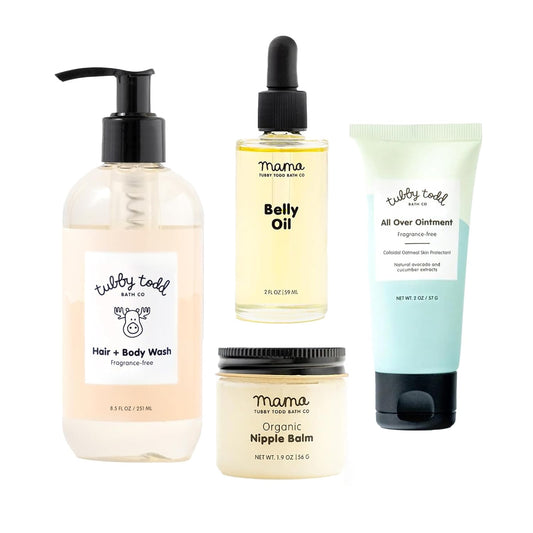Tubby Todd New Baby & Mom Sensitive Skincare Kit - The Mama + Baby Gift Set - Baby Shampoo and Body Wash, All Over Ointment, Belly Oil & Nipple Balm - Standard Size Fragrance-Free