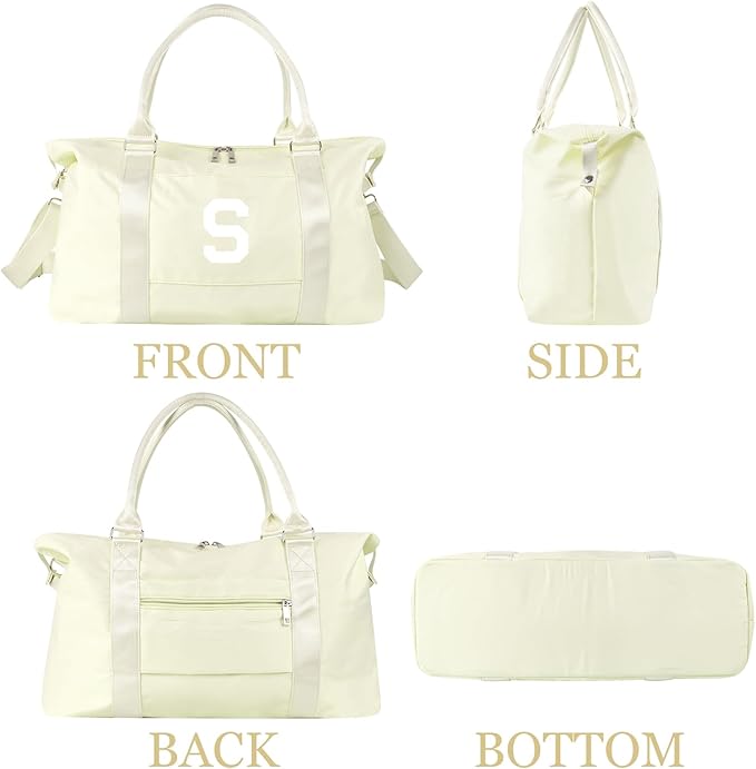 Initial Travel Duffel Bag Sports Gym Bag for Kids Teen Birthday Gifts,Beige Personalized Weekender Bag Carry On Dance Bags for Women Men,Waterproof Monogram Overnight Bag with Trolley Sleeve(Letter S)