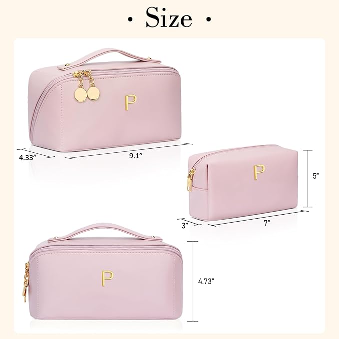 Birthday Gifts for Women Teen Girl, Personalized Initial Makeup Organizer Bag Set, Open Flat Travel Cosmetic Bag With Clear Divider and Handle(Pink,P)