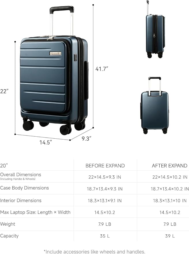 LUGGEX Carry On Luggage 22x14x9 Airline Approved, Expandable Polycarbonate Suitcase with Front Pocket (Green, 20 Inch, 35L)