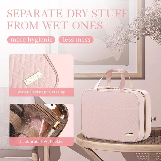 HOTOR Travel Toiletry Bag w/Hanging Hook - Spacious Toiletry Bag Essentials for Women & Men, Makeup Bag/Big Comparment, Waterproof for Travel Accessories, Large, Pink