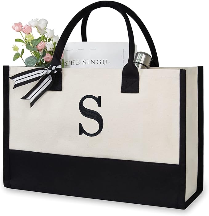 TOPDesign Embroidery Initial Canvas Tote Bag, Personalized Present Bag, Suitable for Wedding, Birthday, Beach, Holiday, is a Great Gift for Women, Mom, Teachers, Friends, Bridesmaids (Letter S)