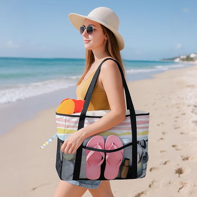8-Pocket Waterproof Tote for Women -Sandproof Beach Bag with Zipper& Family | Foldable Travel Swim Bag (Gift-Ready)