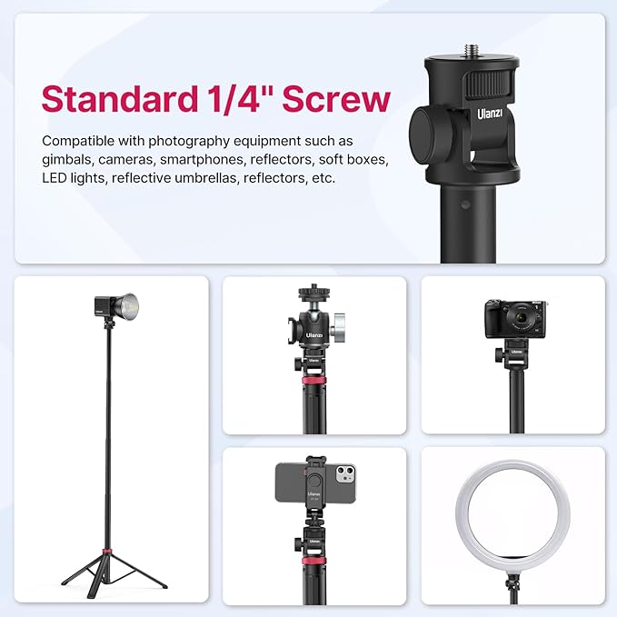 VIJIM MT-79 Extendable Photography Light Stand, 81" Portable Adjustable Light Tripod with 1/4" Screw, 360° Ball Head Camera Phone Tripod for Continute Output Lighting, Webcams, Cameras,for Pocket3