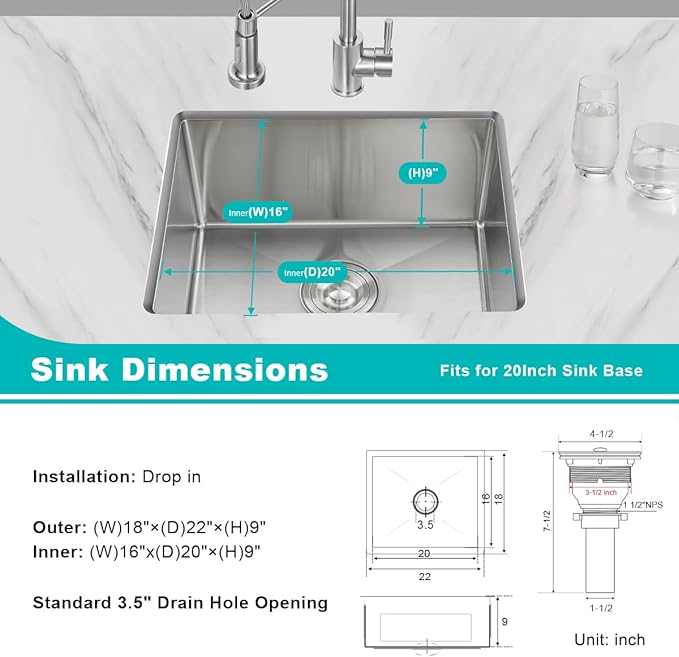 22 Inch Kitchen Bar Sink Undermount, 304 Stainless Steel Handmade Single Bowl Undermount Kitchen Sink (Brushed) 22x18x9 inch