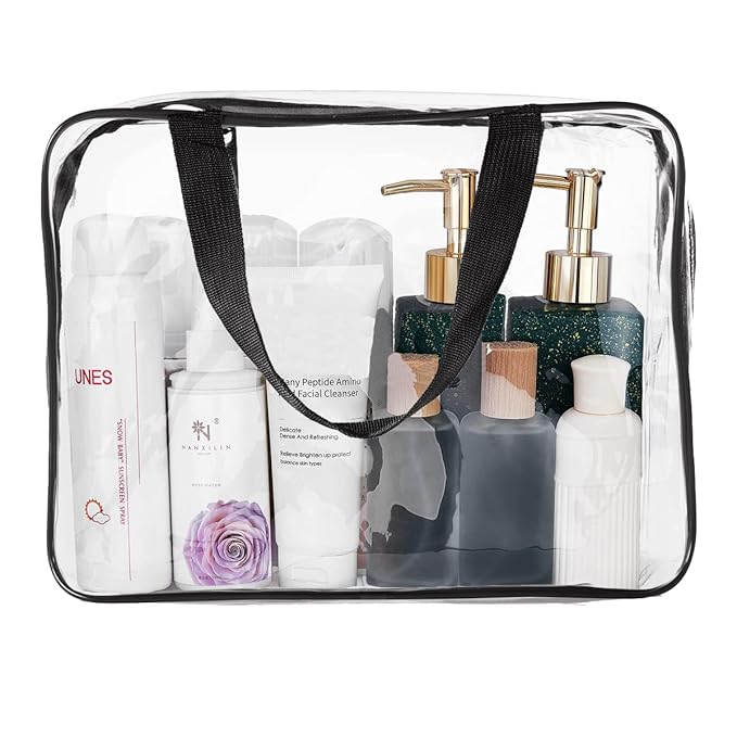 2Pcs Crystal Clear PVC Travel Toiletry Bag Kit for Women Men, Waterproof Vinyl Packing Organizer Storage Bags with Zipper Handle Straps, Cosmetic Pouch Carry on Airport Airline Compliant Bag Handbag