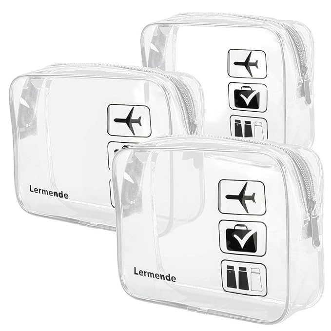Lermende 2pcs Clear Toiletry Bag TSA Approved Travel Bag,Carry On for Travel,Airport Airline Accessories Compliant Bag,Quart Sized Makeup Cosmetic bag Women Men (Clear, 3 Pack)