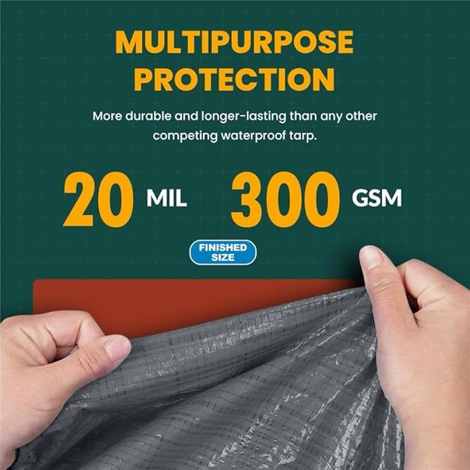 Large Waterproof Tarp - Heavy Duty 20 Mil Thick Poly Tarpaulin Ideal for Canopy Tents, Boats, RV or Pool Covers - Multipurpose Protective Tarps with Grommets for Indoor and Outdoor Use | 16' x 20'