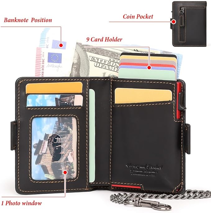 Mens Wallet Card Holder: Pop Up Aluminum Case, Genuine Leather, Smart, RFID Blocking, Slim, Minimalist, Front Pocket - 9-12Capacity | ID Window | Cash Slot