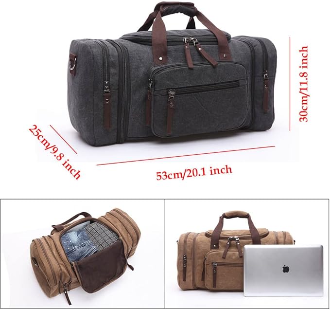 Duffle Bag for Travel, Large Canvas Duffel Bag for Travelling Overnight Weekender Bag Carry On Bag for Men Women Coffee